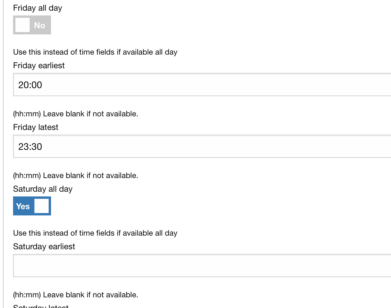 Form for setting gaming times.